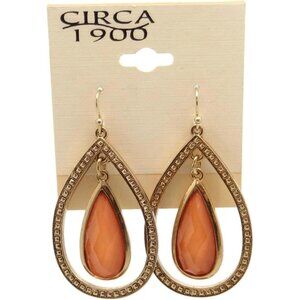 Circa 1900 Goldtone Teardrop with Orange Crystals Dangle Earrings 2" NEW